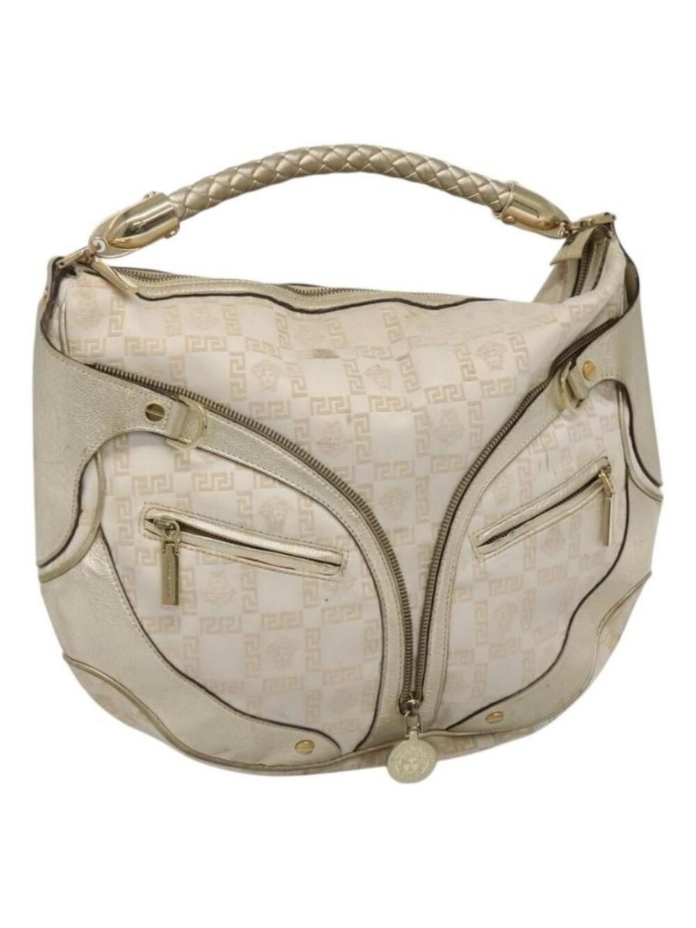 Authentic Gianni Versace Shoulder Bag Canvas Leather White Gold